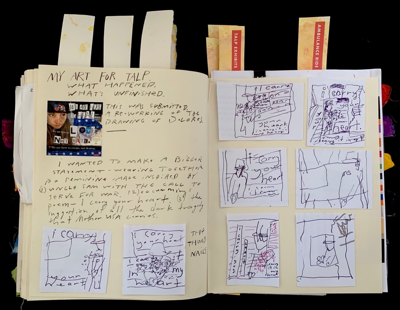 Open journal with handwritten text and sketches; includes artwork and notes.