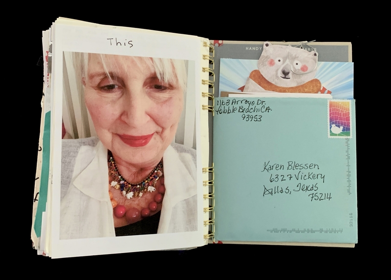 A photograph of a person with a necklace and a handwritten note on a Polaroid-style photo, alongside an envelope addressed to Karen Blessen.