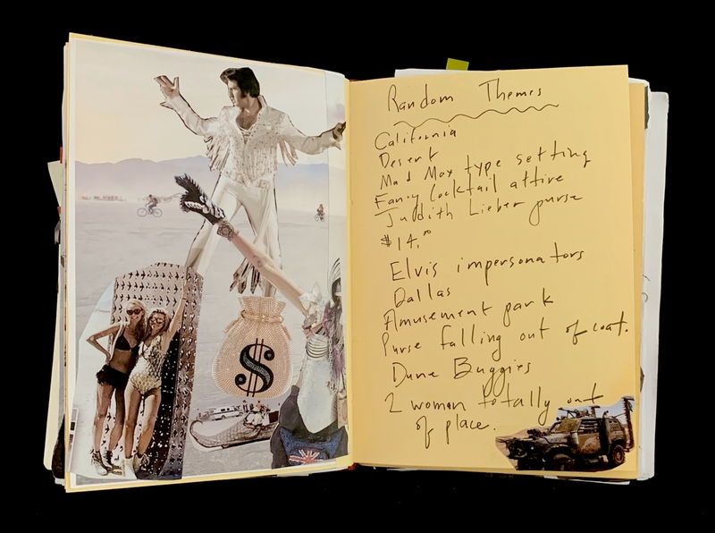 A scrapbook page featuring a photograph of Elvis Presley and handwritten notes about various themes and items.