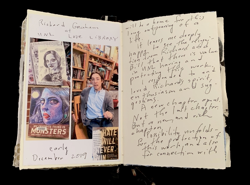 Open notebook with a collage of images and handwritten text on two pages.