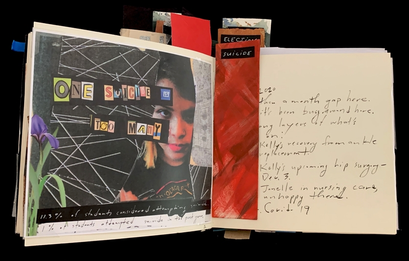 Open journal with a collage and handwritten notes about suicide and personal events.