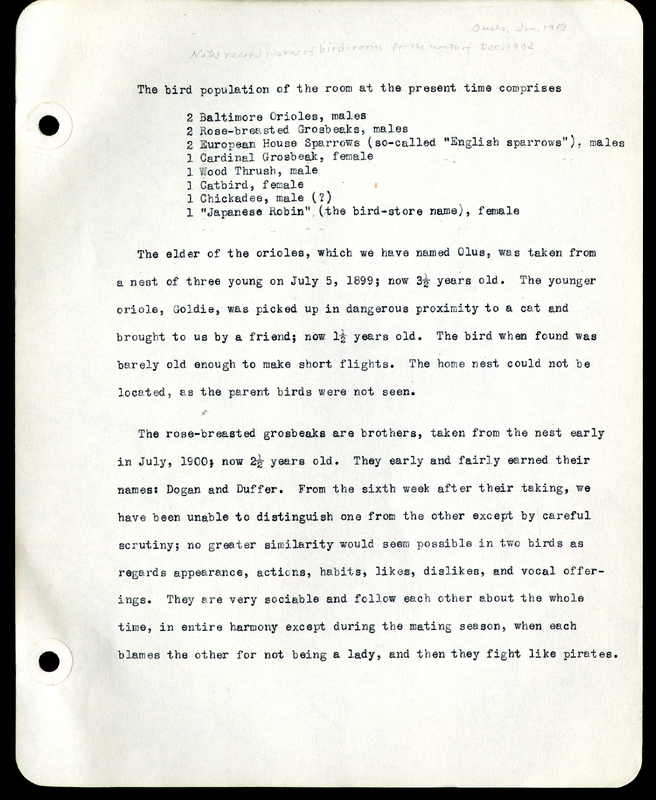 Frank H. Shoemaker typescript narrative, 29 pages,  on the bird room in Omaha home, with details on bird and insects.