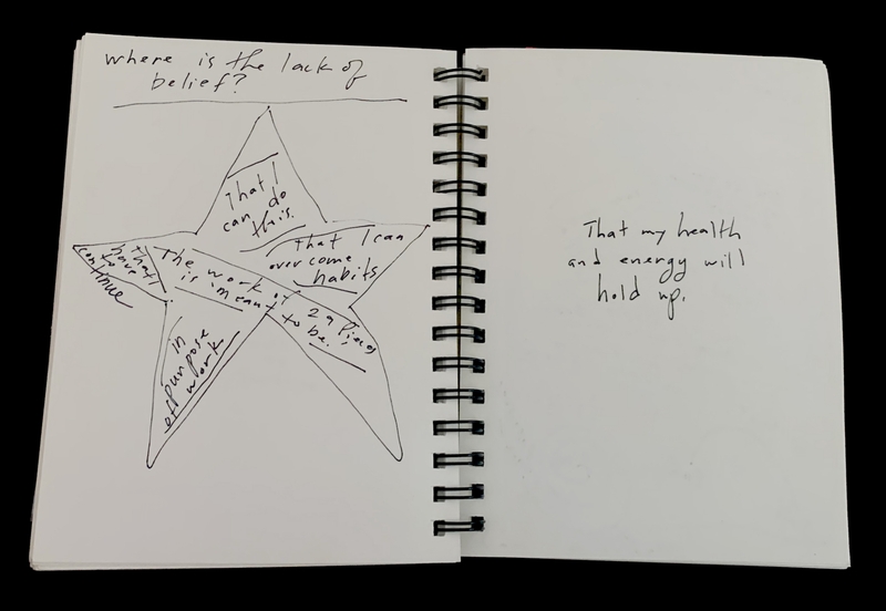 A notebook page with handwritten text and a star diagram discussing beliefs and health.