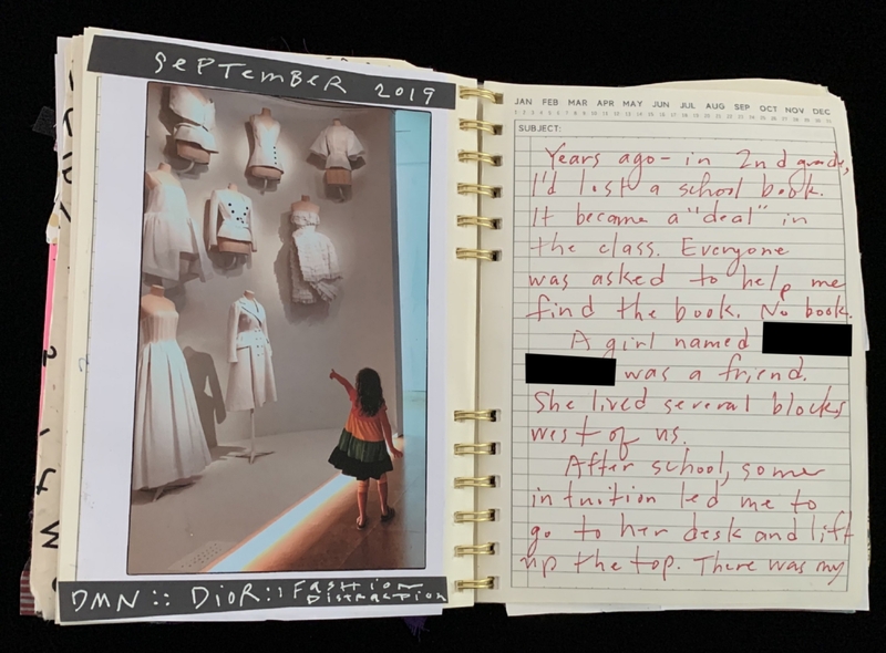 A journal entry from September 2019 featuring a photograph of a child in a Dior fashion exhibit and handwritten reflections on a lost schoolbook.
