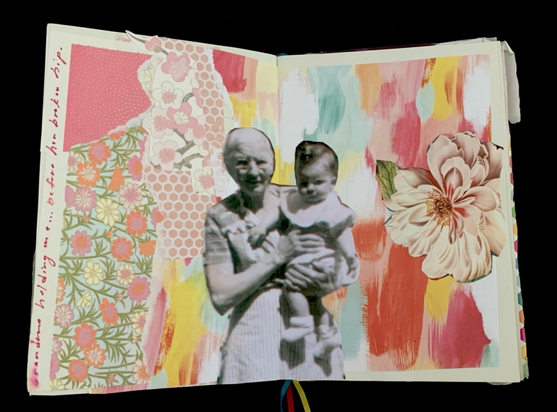 An open journal with colorful abstract artwork and a black-and-white photograph of a woman holding a baby.
