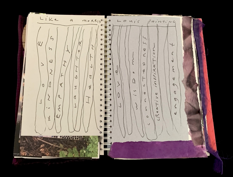 A spiral-bound notebook page featuring handwritten text and abstract doodles.