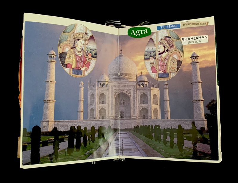 Open magazine showing the Taj Mahal with two historical portraits and text annotations.
