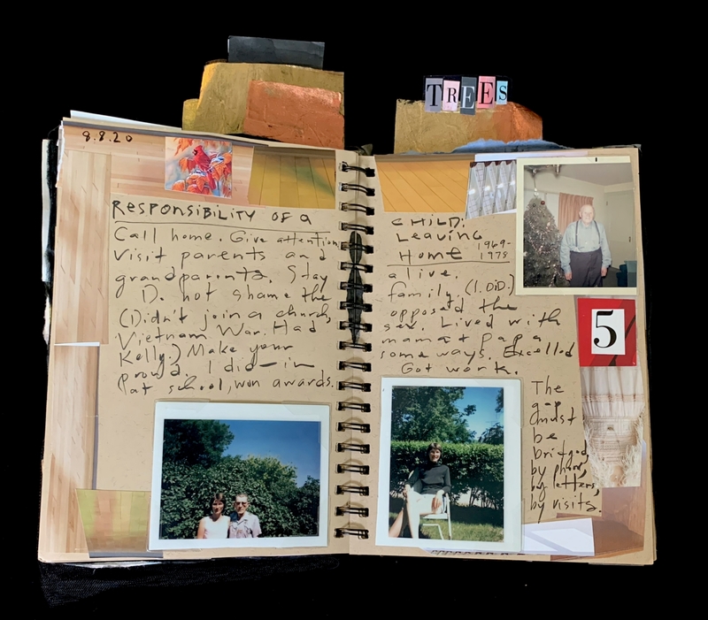 A scrapbook page featuring handwritten notes, photographs, and decorative elements.