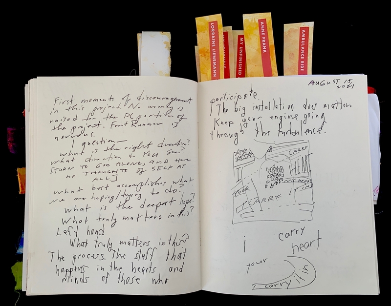 Open journal with handwritten text and a sketch illustrating themes of discouragement and motivation.