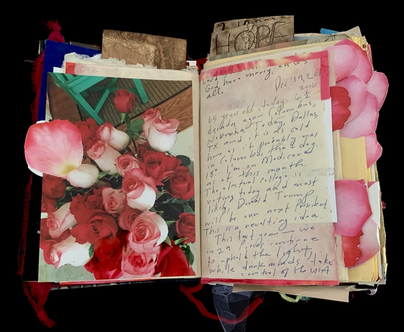 A collage-style page featuring a photograph of roses, handwritten notes, and decorative elements.