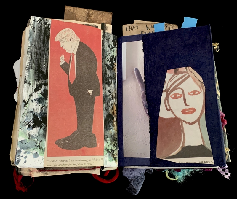 A mixed-media collage featuring a political figure and a portrait of a woman, with various textures and layers.