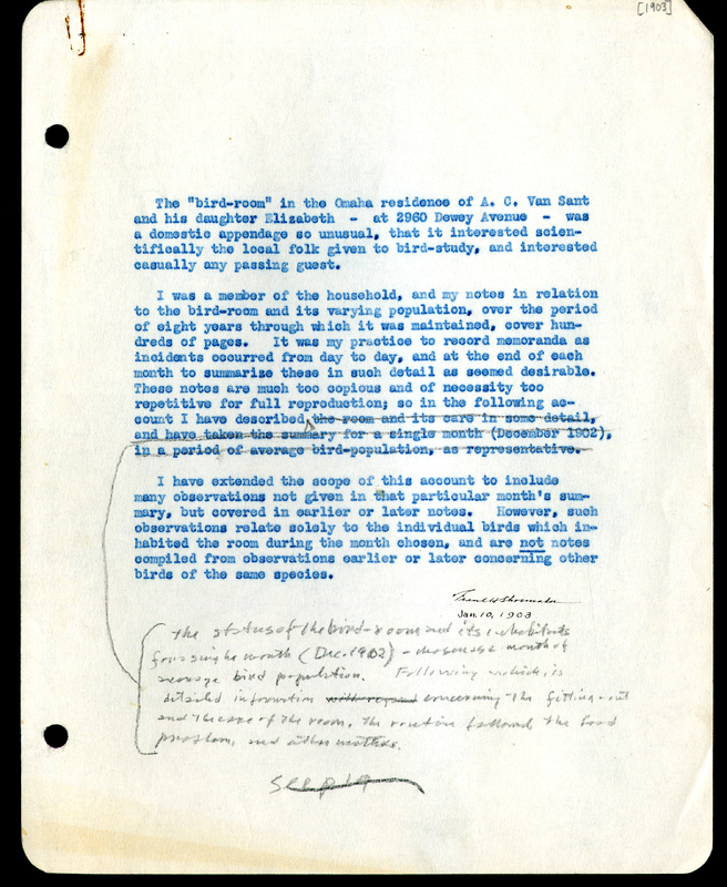 Frank H. Shoemaker typescript narrative, 29 pages,  on the bird room in Omaha home, with details on bird and insects.