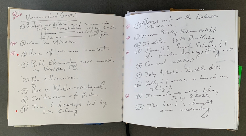 A handwritten journal page with a mix of notes and events, including references to specific dates and locations.