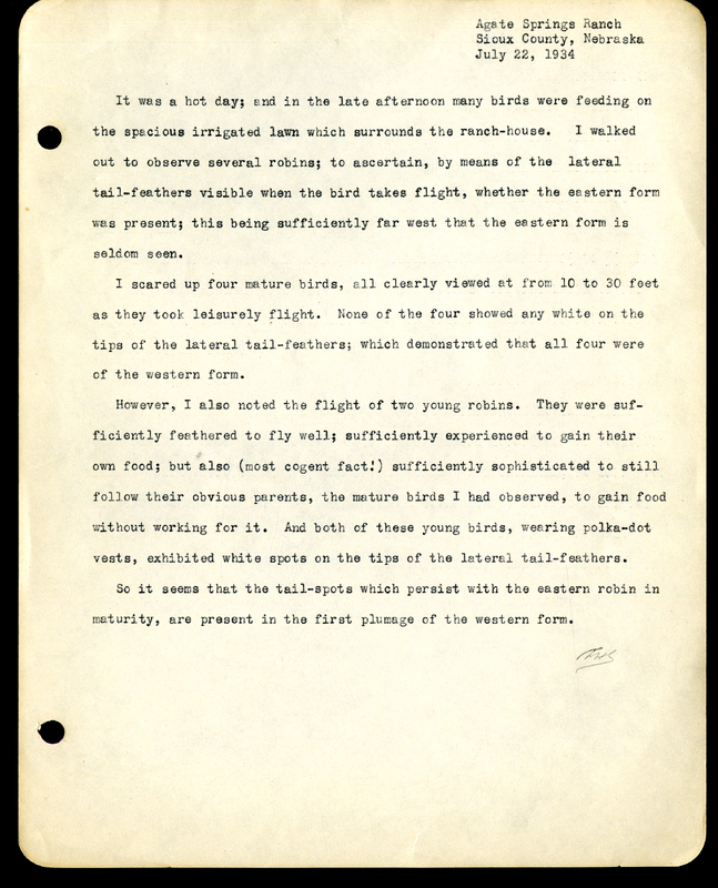 Frank H. Shoemaker typescript, 8 pages, on trip to Agate Springs Ranch with bird list.