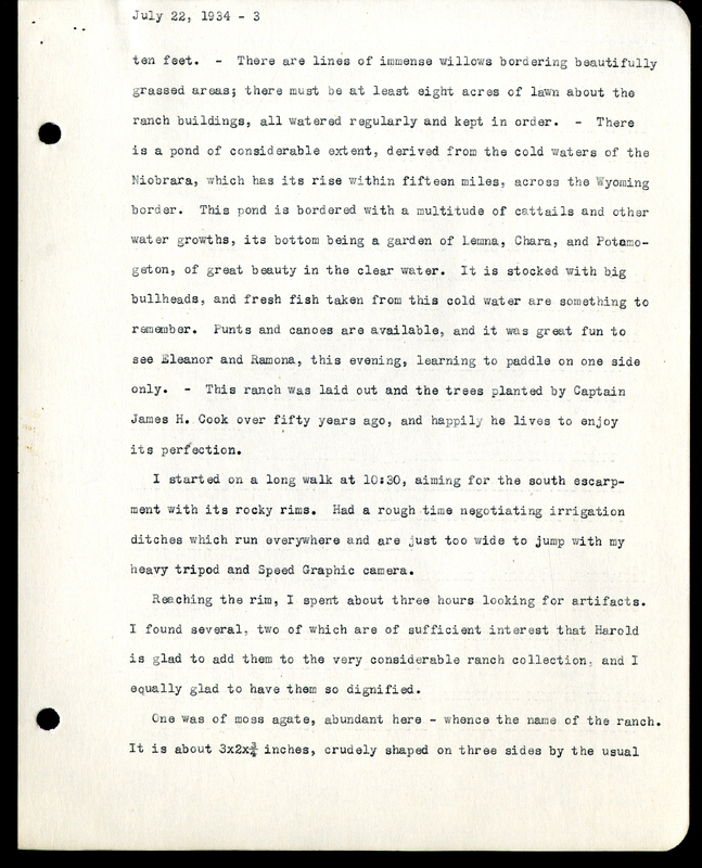 Frank H. Shoemaker typescript, 8 pages, on trip to Agate Springs Ranch with bird list.