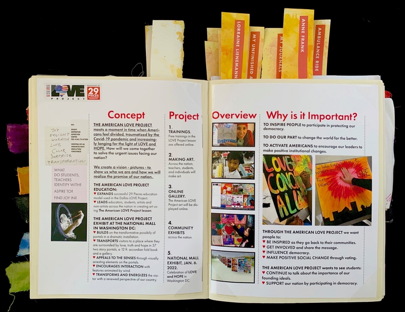 Open journal with content about the American Love Project, including images of artwork and handwritten notes.