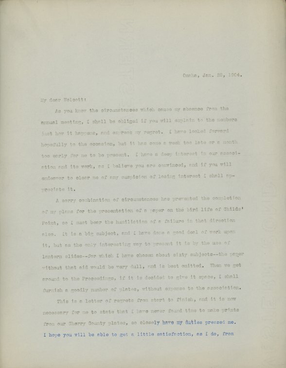 Typewritten letter, 2 pages letter from Robert H. Wolcott to Frank H. Shoemaker, "As you know the circumstances which cause my absence from the annual meeting, I shall be obliged if you will explain to the members just how it happens, and express my regret."