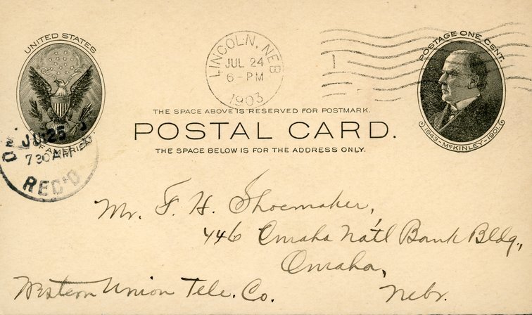 Handwritten postcard from Robert H. Wolcott to Frank H. Shoemaker, "How are you? Why haven't you written? the reason I have not is this- on my return here I found news of the sickness of my mother-..."