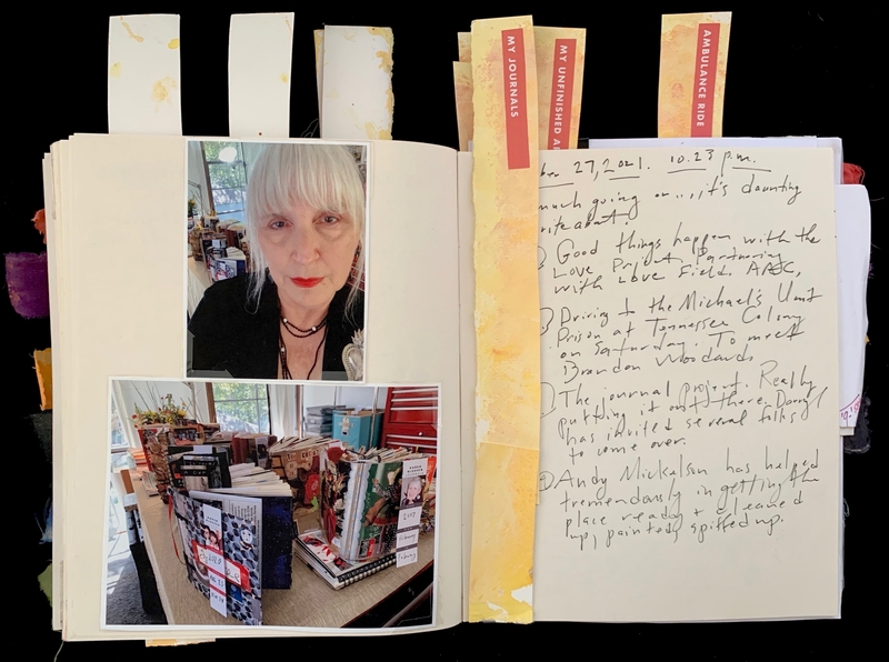 Open journal with handwritten notes and two photos: a person and a table with journals.