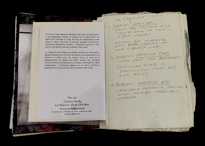 A handwritten page with notes on the subjects of "Los Caprichos" by Goya, accompanied by a typed description of San Miguel de Allende, Mexico.