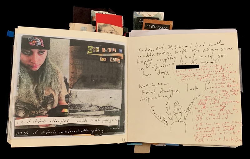 An open journal with a collage of a woman and building on the left page, and handwritten notes and a sketch on the right page.