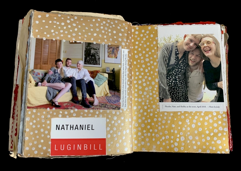 An open scrapbook with yellow polka dot pages featuring two photos of people and captions beneath each.