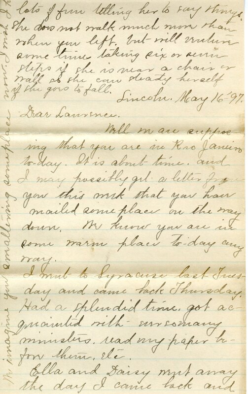 Handwritten 4 page letter from Marcia Bruner to Lawrence Bruner, "Well we are supposing that you are in Rio Janiero today."