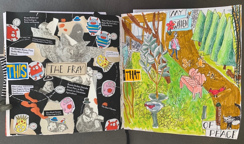 A collage of hand-drawn illustrations and text, juxtaposing a chaotic, news-like left page with a serene, garden-themed right page.