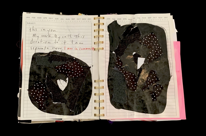 A journal page featuring a handwritten note and abstract collage art.