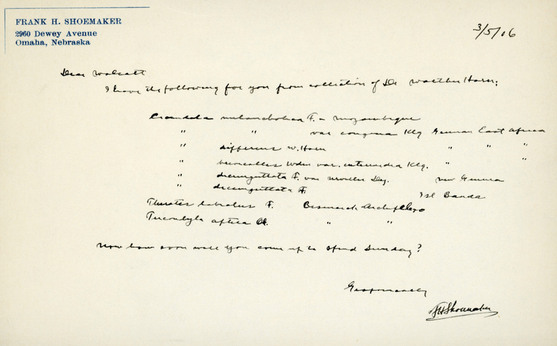 Handwritten letter, 1 page, from Frank H. Shoemaker to Robert H. Wolcott, "I have it following for you from collection of Dr. Walther Horn."