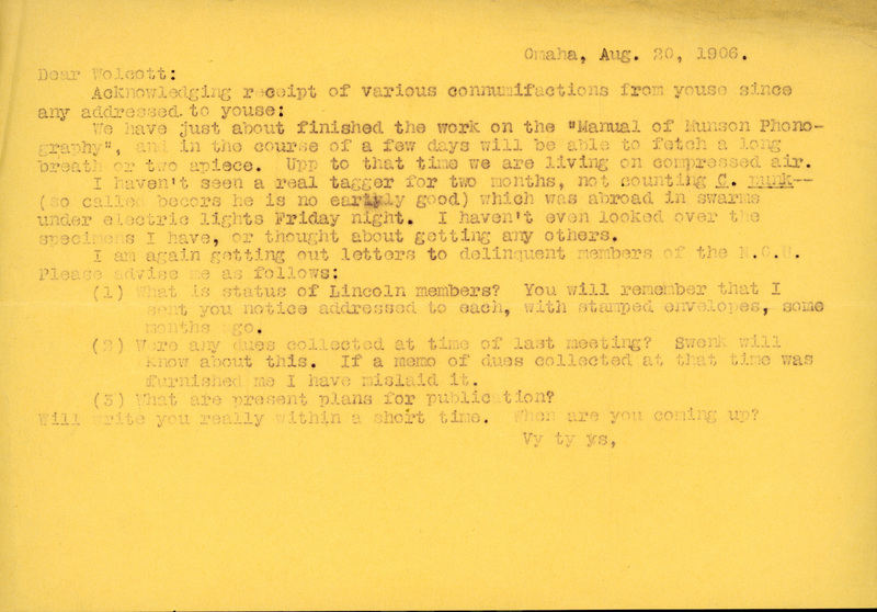Typewritten letter, 1 page, from unknown (likely Frank H. Shoemaker) to Robert H. Wolcott, "Acknowledging reciept of various coomunifactions from youse since any addressed to youse:"