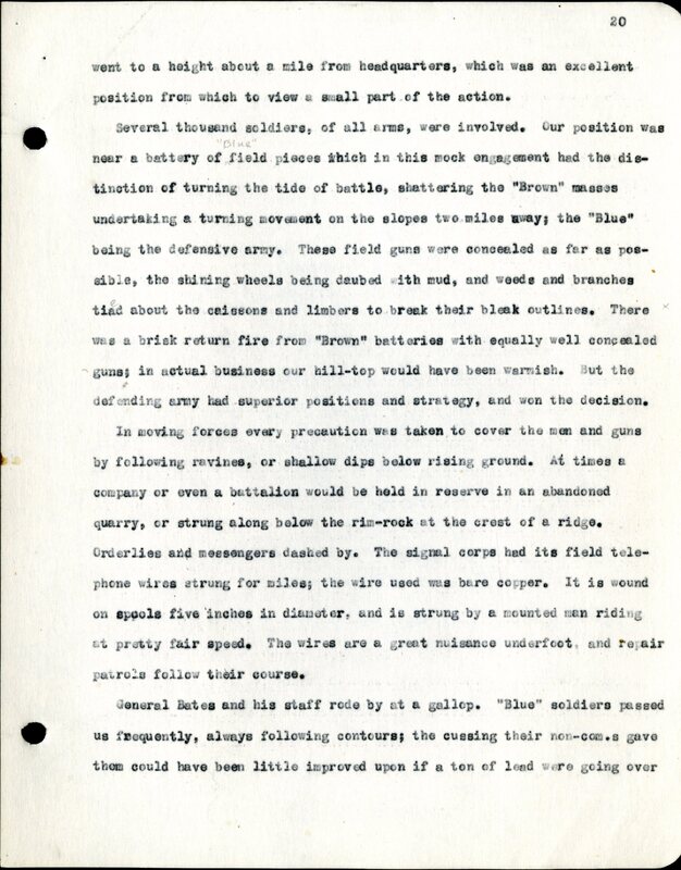 Frank H. Shoemaker typescript, 28 pages, titled "At Fort Riley, Kansas" on activities at Fort Riley between Oct. 12-29, 1903.
