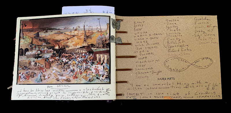 A page from a scrapbook featuring a detailed illustration and handwritten notes.