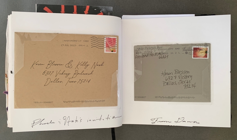 A journal page featuring two envelopes with handwritten addresses and stamps.