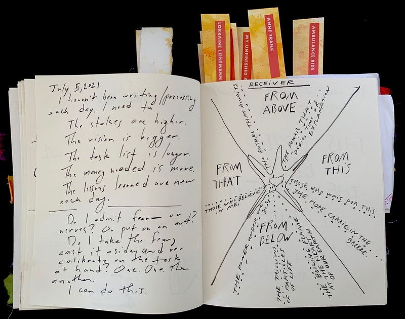 An open journal with handwritten text and a stylized diagram on each page.