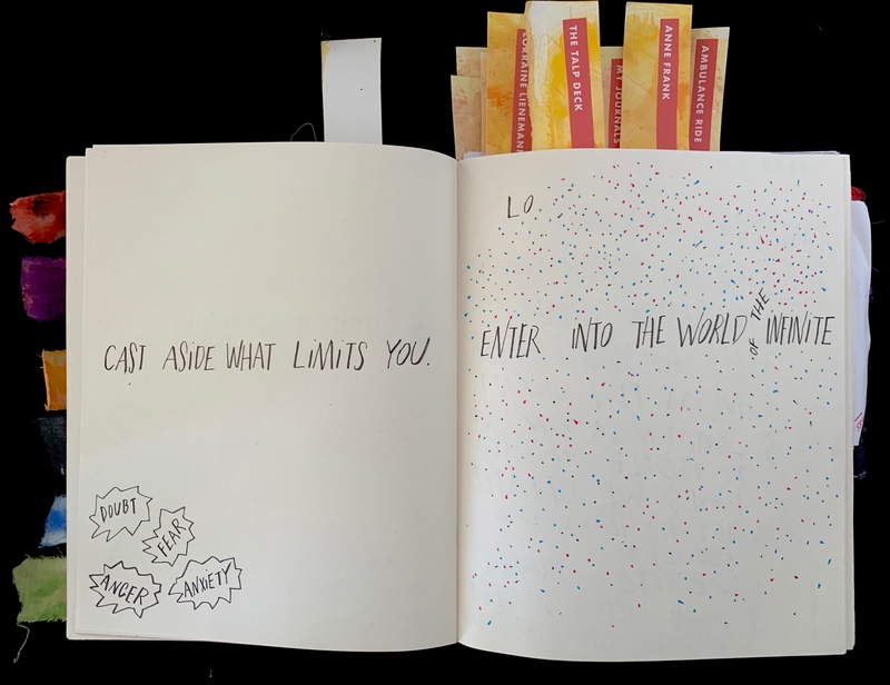Open journal with motivational phrases and colorful dot artwork.