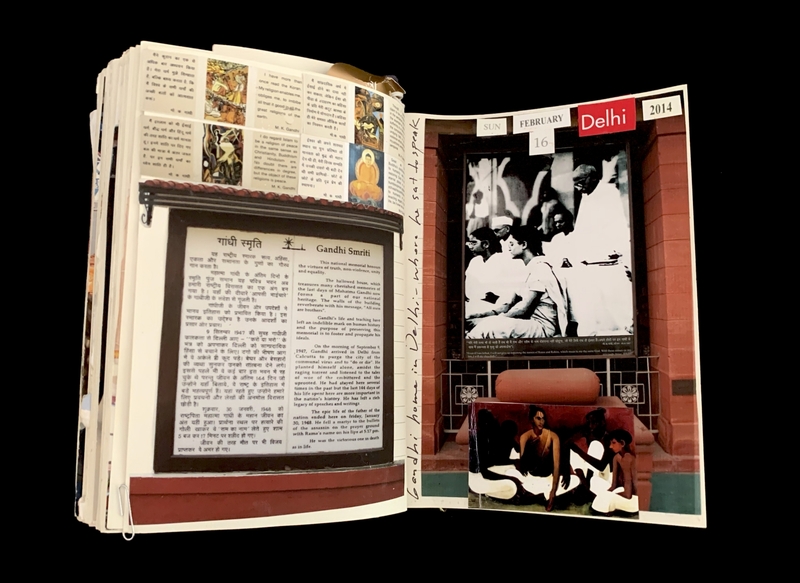 A scrapbook page featuring a visit to Gandhi Smriti in Delhi, with text and photographs related to Gandhi's life and teachings.