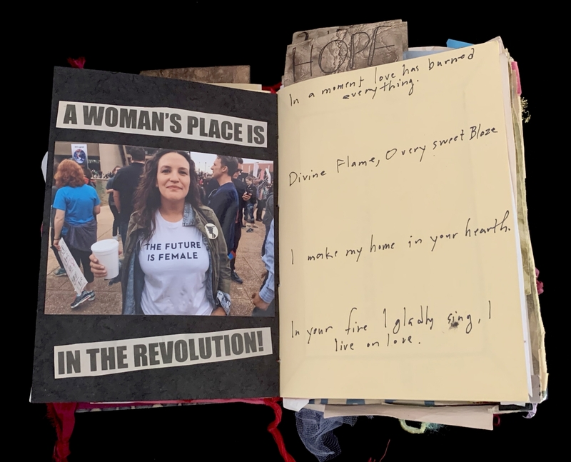 A collage page featuring a photograph of a woman at a protest, accompanied by handwritten notes and phrases.