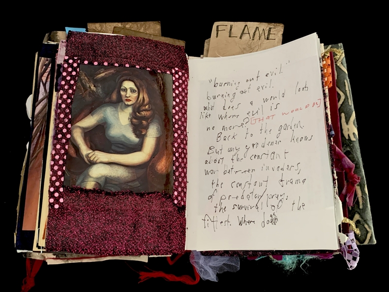 A collage-style page featuring a painted portrait, glittery embellishments, and handwritten text.