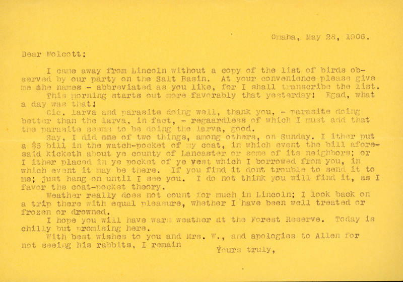 Typewritten letter, 1 page, from Frank H. Shoemaker to Robert H. Wolcott, "I came away from Lincoln without a copy of the list of birds observed by our party on the Salt Basin."