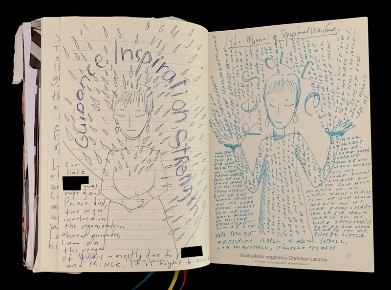 Open journal with drawings of two figures surrounded by text and the words "Guidance, Inspiration, Strength" and "RESOLVE."