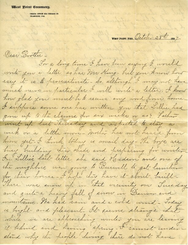 Handwritten 4 page letter from Ida M. King to Lawrence Bruner, "For a long time I have been saying I would write you…"