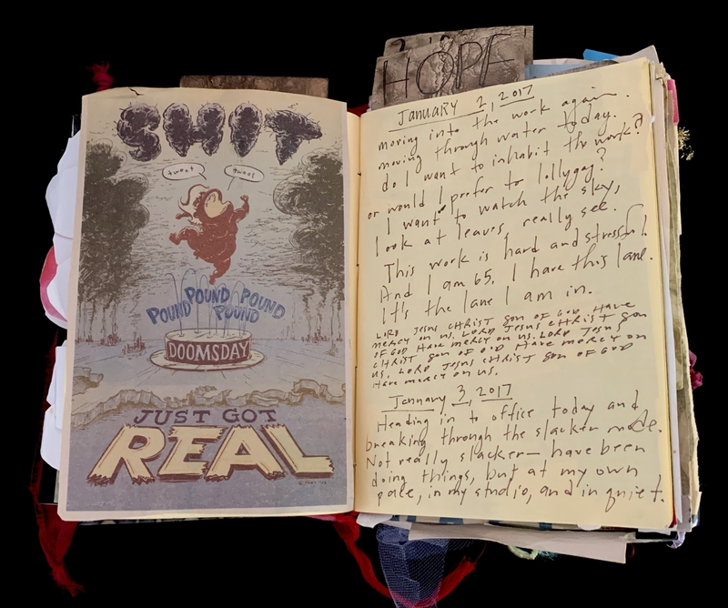 A journal page featuring a hand-drawn illustration and handwritten entries, with a theme of reflection and personal growth.