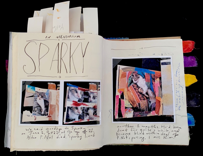 Open journal with handwritten notes and photos of a cat named Sparky.