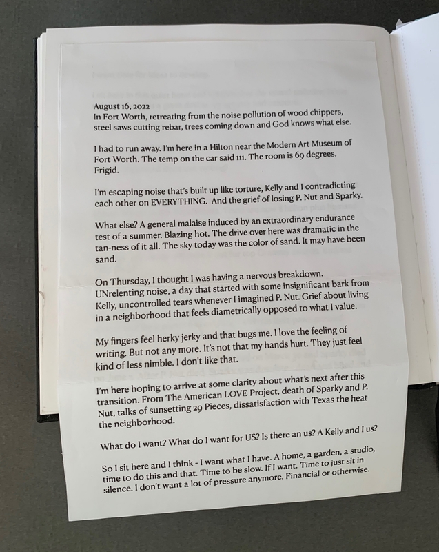 A handwritten journal entry dated August 16, 2022, detailing the author's escape from noise pollution and reflections on personal and emotional struggles.