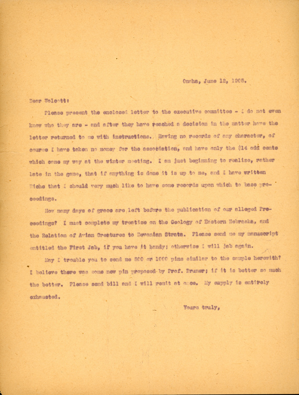 Typewritten letter, 1 page, from Frank H. Shoemaker to Robert H. Wolcott, "Please present the enclosed letter to the executive committee- I do not even know who they are-end after they have reached a decision in the matter have the letter returned to me with instructions."