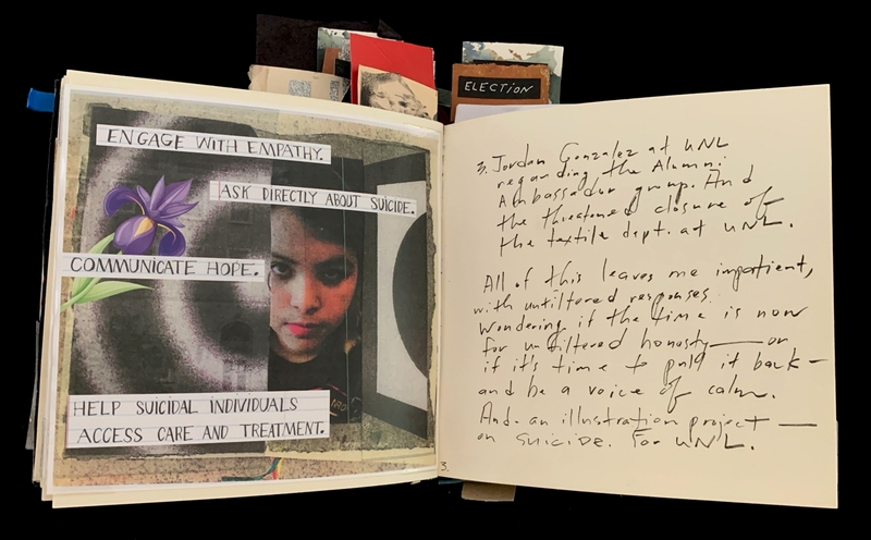 Open notebook with a collage on the left and handwritten text on the right.