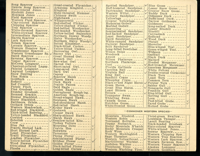 Frank H. Shoemaker bird record, sited on July 13-26, 1911, in Cherry County, Nebraska, and recorded on the "Field Check List of  Nebraska Birds."