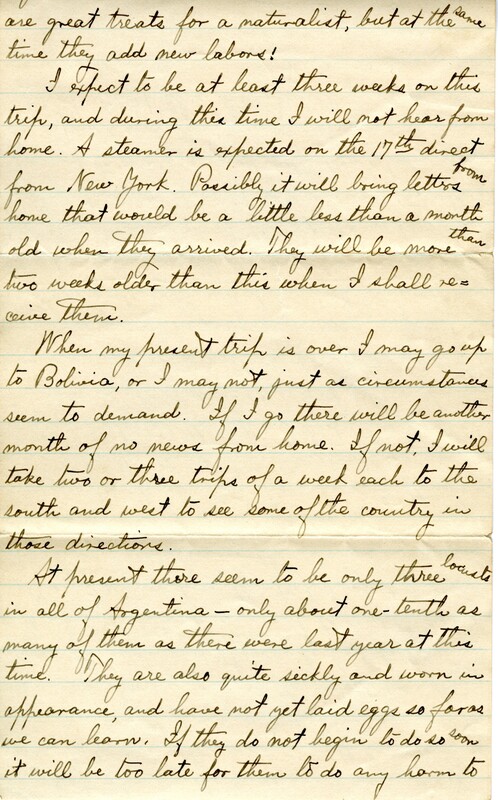 Handwritten 4 page letter from Lawrence Bruner to Psyche Bruner, "Just a week ago today I wrote a letter (to Mamma) from Carcarañá..."