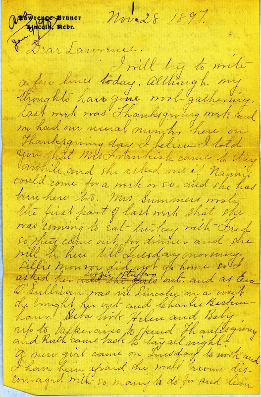 Handwritten 5 page letter from Marcia Bruner to Lawrence Bruner, "I will try to write a few lines today..."